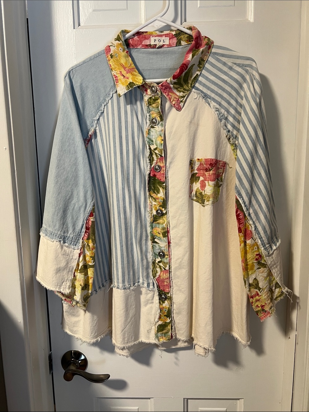 POL woman’s Patchwork Button-Front Top in Blue, Cream & Floral